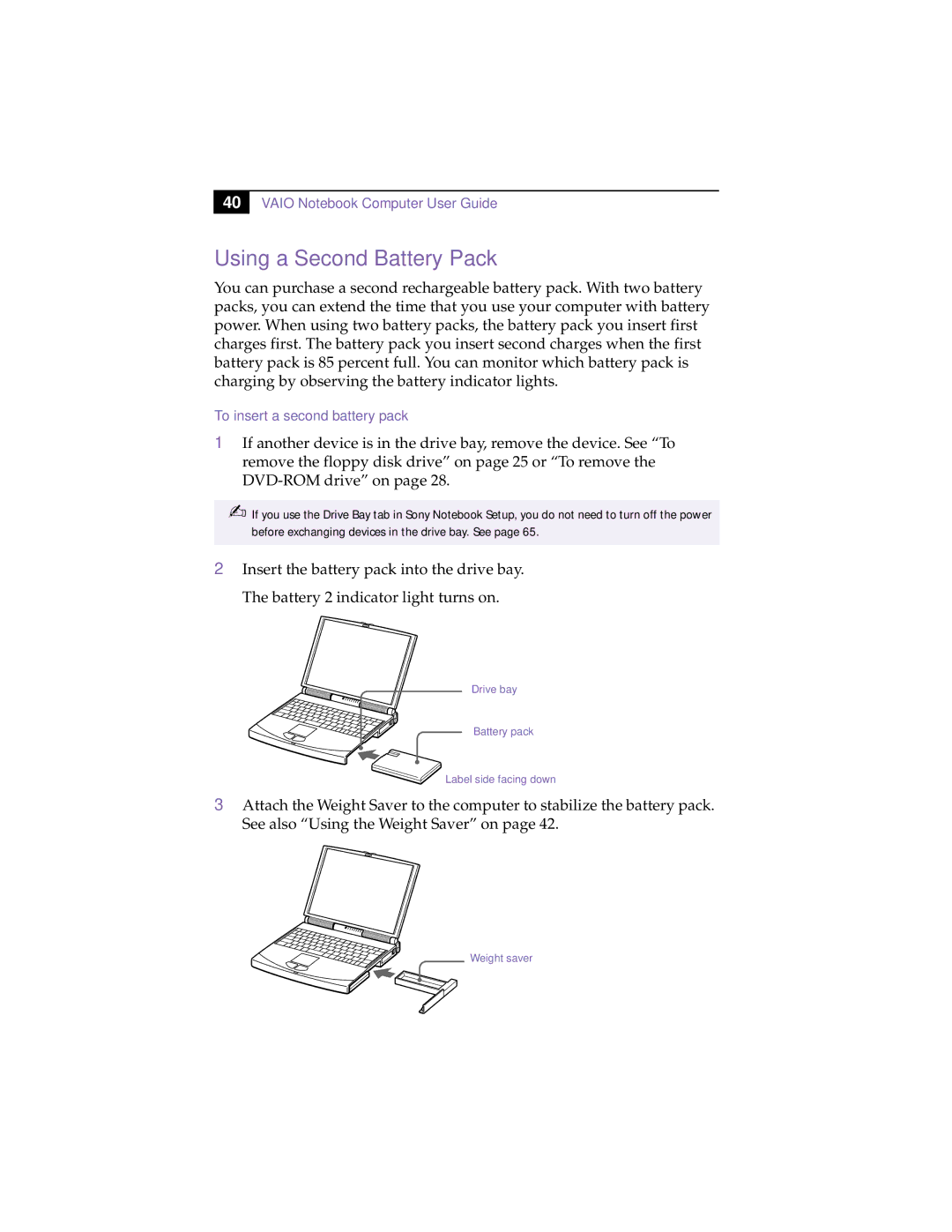 Sony PCG-838 manual Using a Second Battery Pack, To insert a second battery pack 