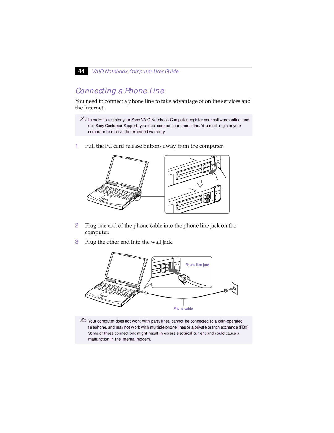 Sony PCG-838 manual Connecting a Phone Line 