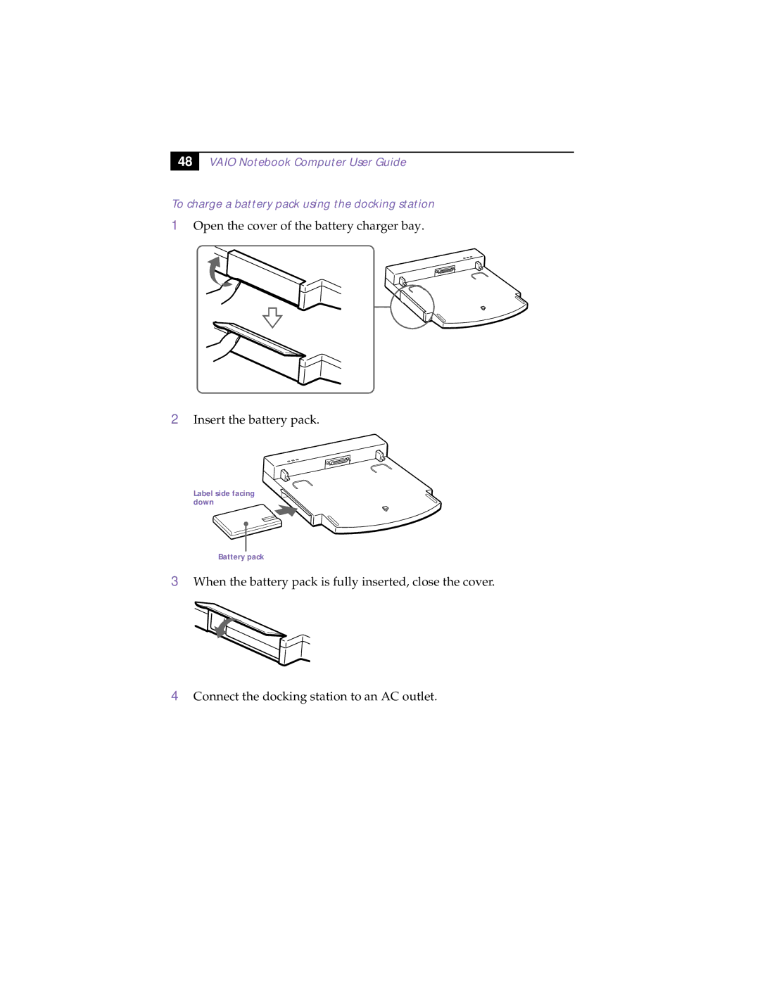 Sony PCG-838 manual Label side facing down Battery pack 