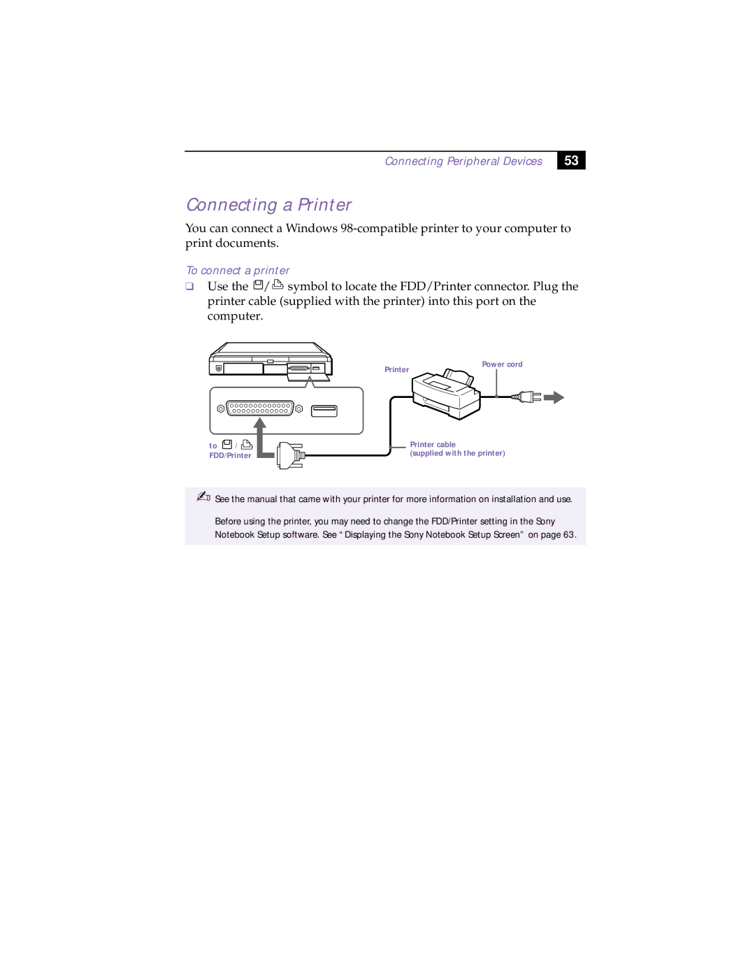 Sony PCG-838 manual Connecting a Printer, To connect a printer 