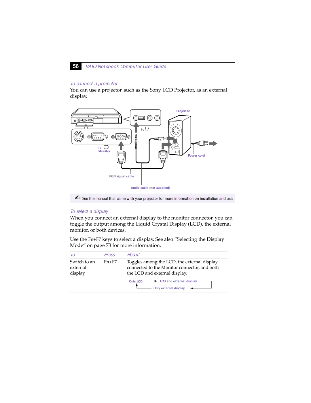 Sony PCG-838 manual Vaio Notebook Computer User Guide To connect a projector, To select a display, Press Result 