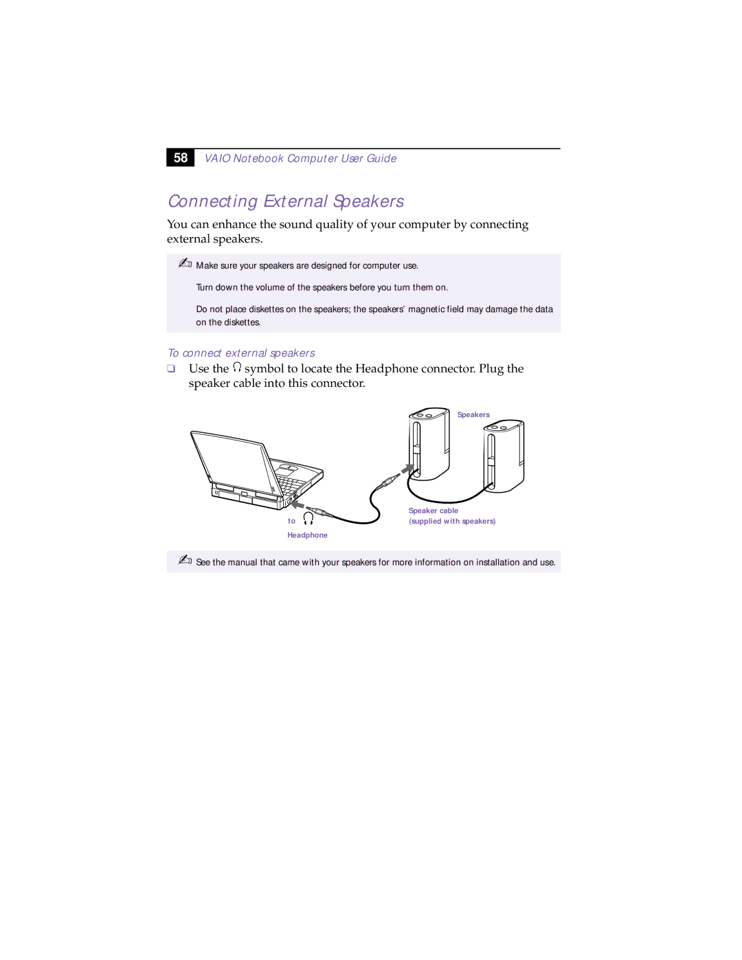 Sony PCG-838 manual Connecting External Speakers, To connect external speakers 