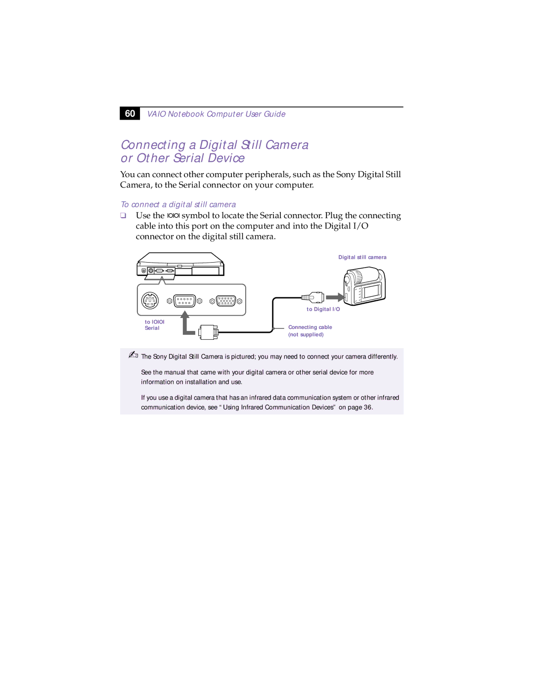 Sony PCG-838 manual Connecting a Digital Still Camera or Other Serial Device, To connect a digital still camera 