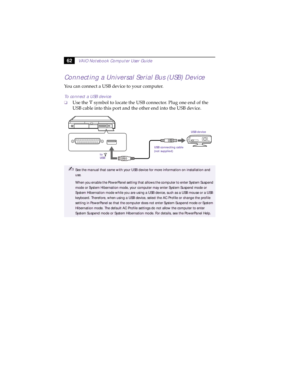 Sony PCG-838 manual Connecting a Universal Serial Bus USB Device, To connect a USB device 