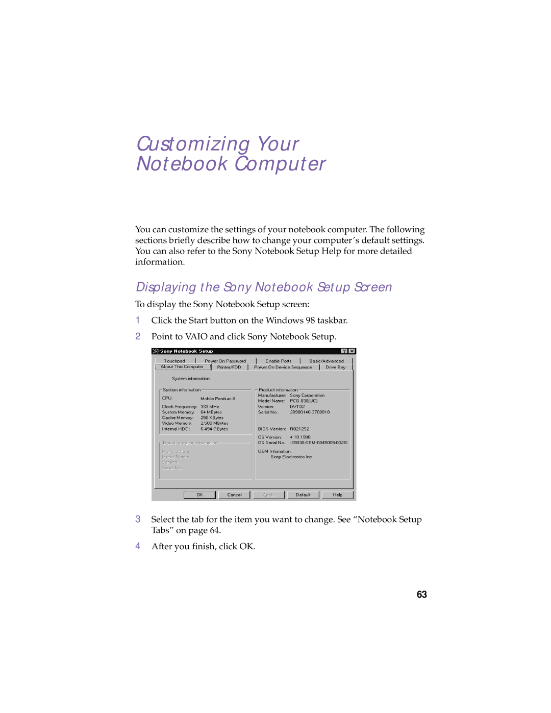 Sony PCG-838 manual Customizing Your, Displaying the Sony Notebook Setup Screen 