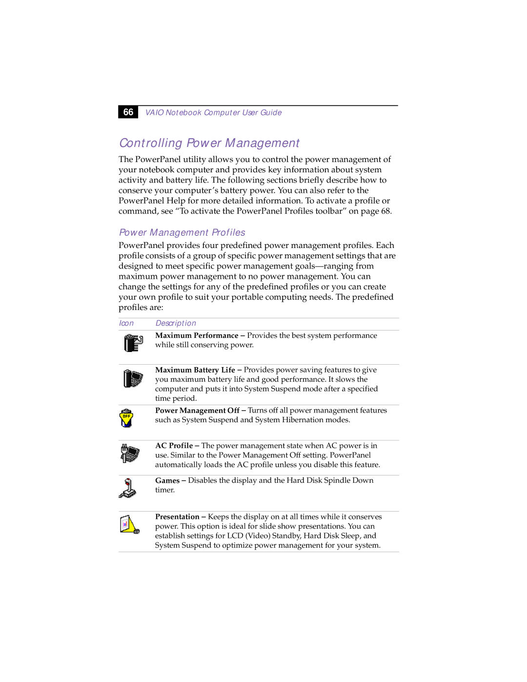 Sony PCG-838 manual Controlling Power Management, Power Management Profiles, Icon Description 