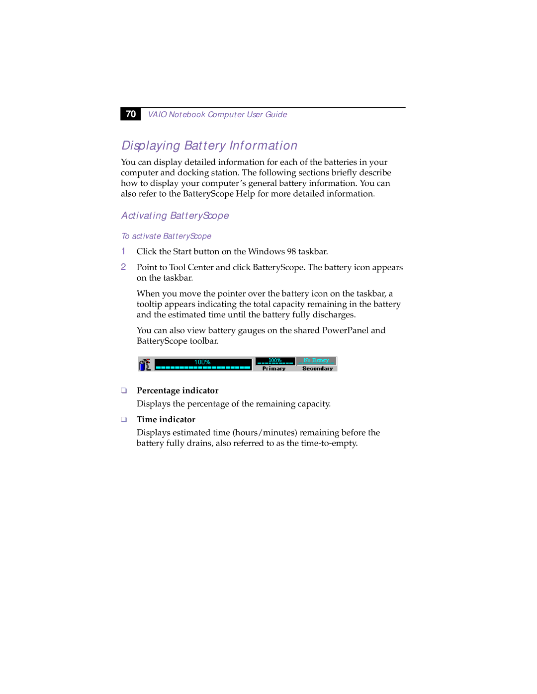 Sony PCG-838 manual Displaying Battery Information, Activating BatteryScope, To activate BatteryScope 