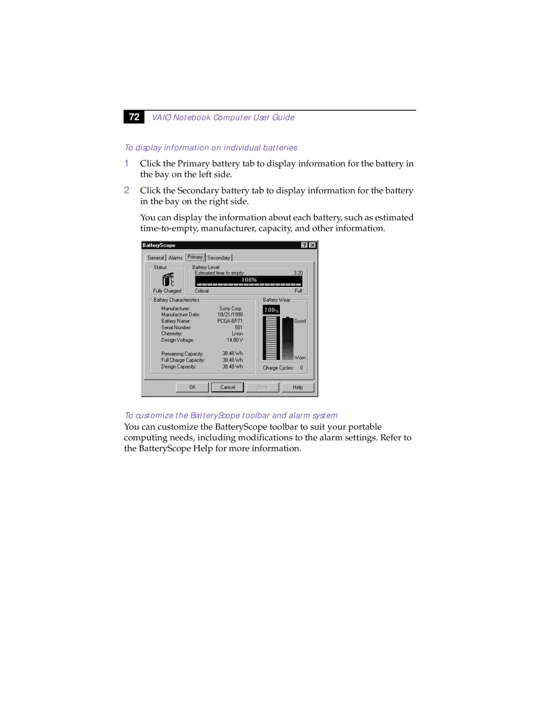 Sony PCG-838 manual To customize the BatteryScope toolbar and alarm system 