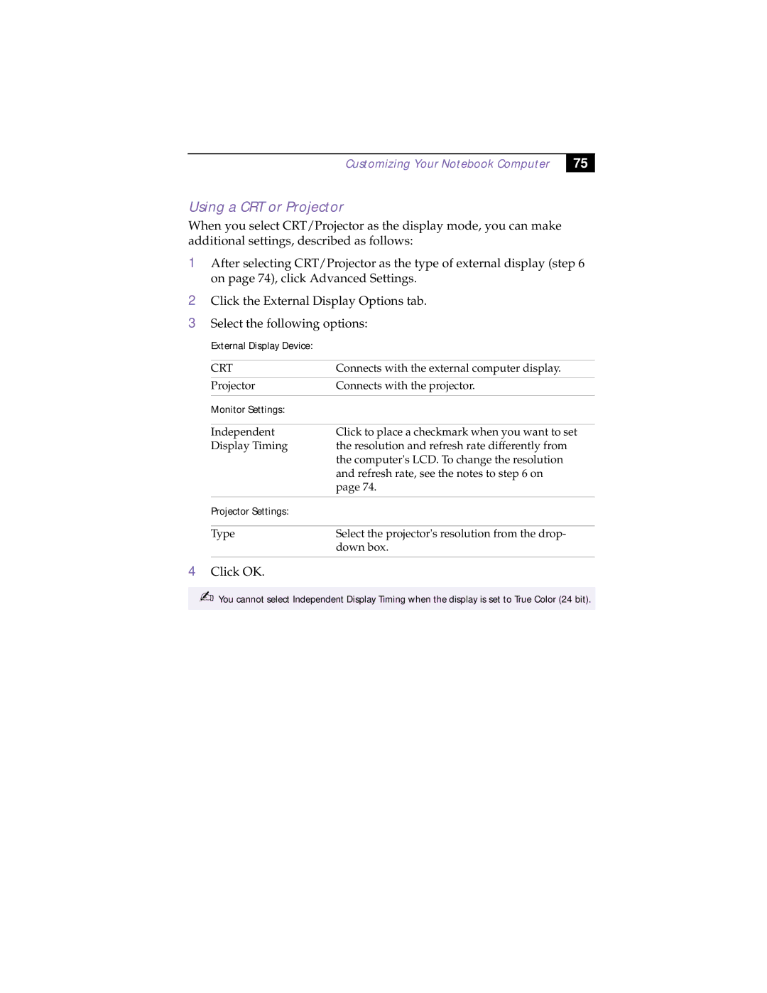 Sony PCG-838 manual Using a CRT or Projector, Monitor Settings 