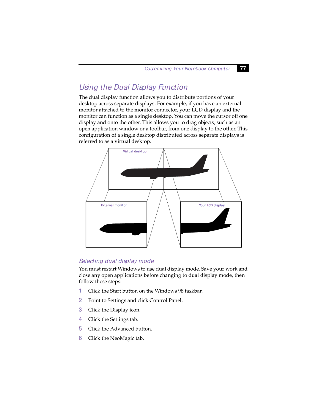 Sony PCG-838 manual Using the Dual Display Function, Selecting dual display mode 