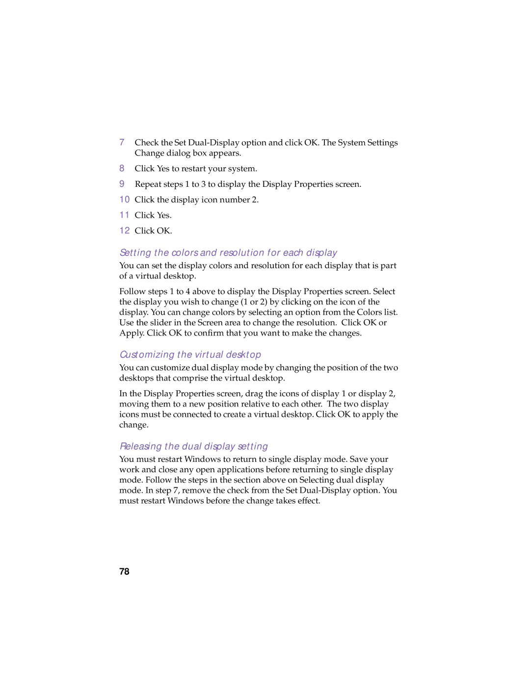 Sony PCG-838 manual Setting the colors and resolution for each display, Customizing the virtual desktop 