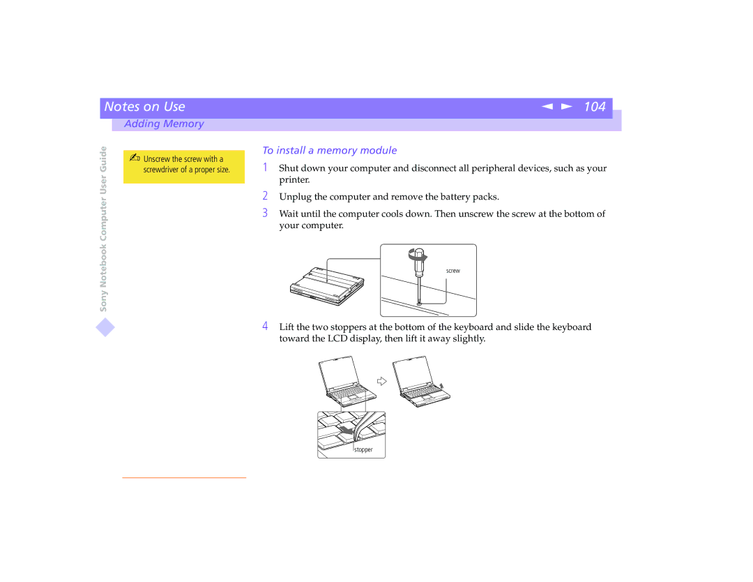 Sony PCG-8491 manual Adding Memory, To install a memory module 