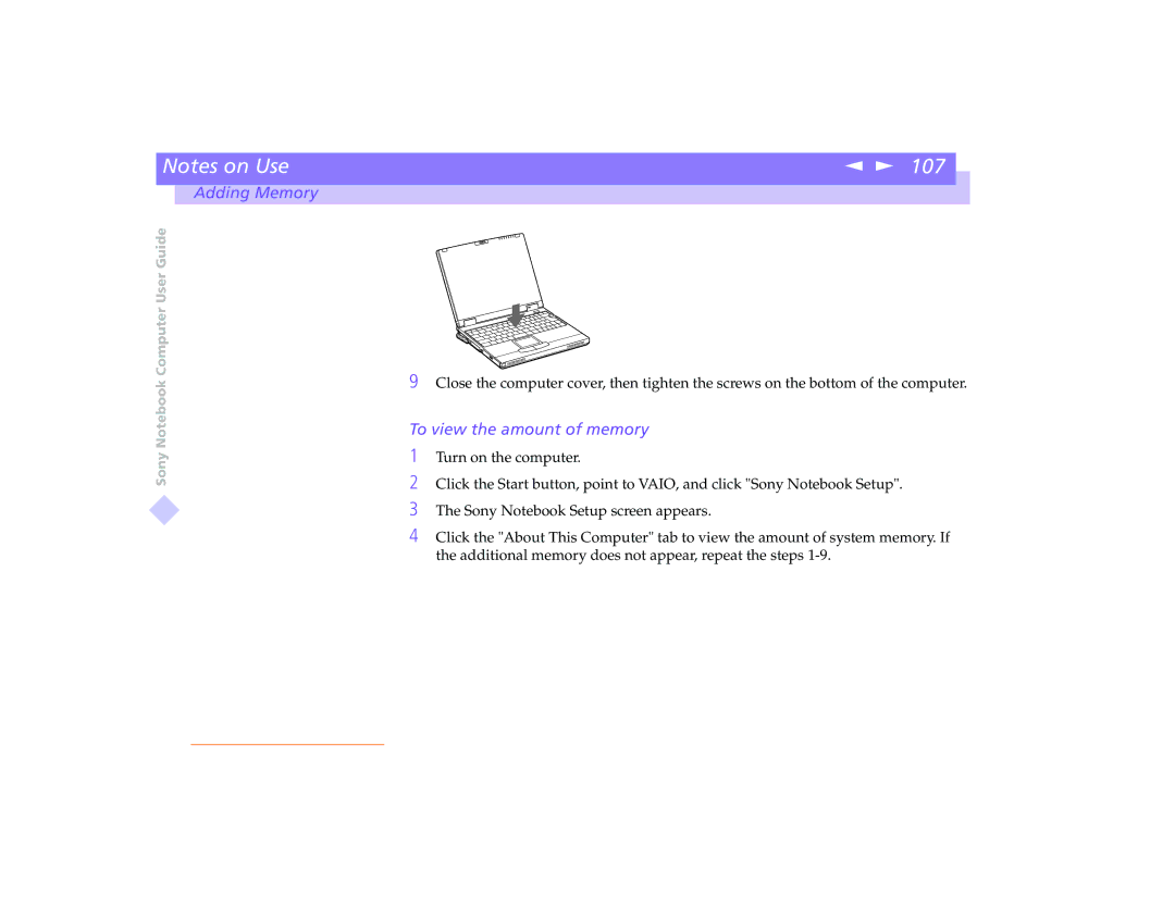 Sony PCG-8491 manual To view the amount of memory 