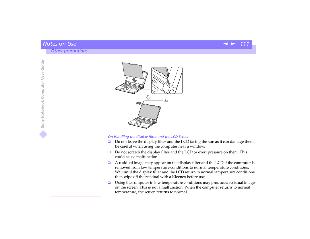 Sony PCG-8491 manual On Handling the display filter and the LCD Screen 