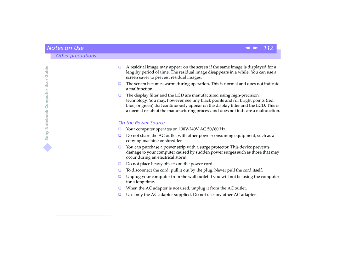 Sony PCG-8491 manual On the Power Source 