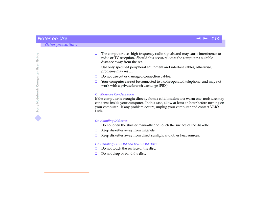 Sony PCG-8491 manual On Moisture Condensation 