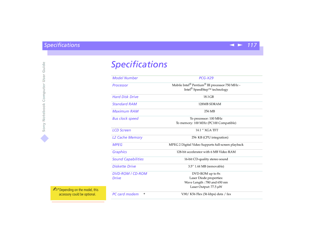 Sony PCG-8491 manual Specifications 