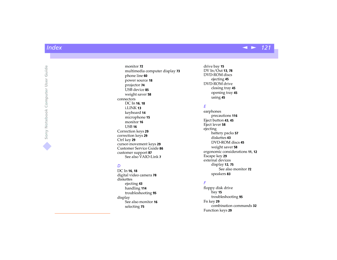 Sony PCG-8491 manual Ejecting 43 handling 114 troubleshooting 