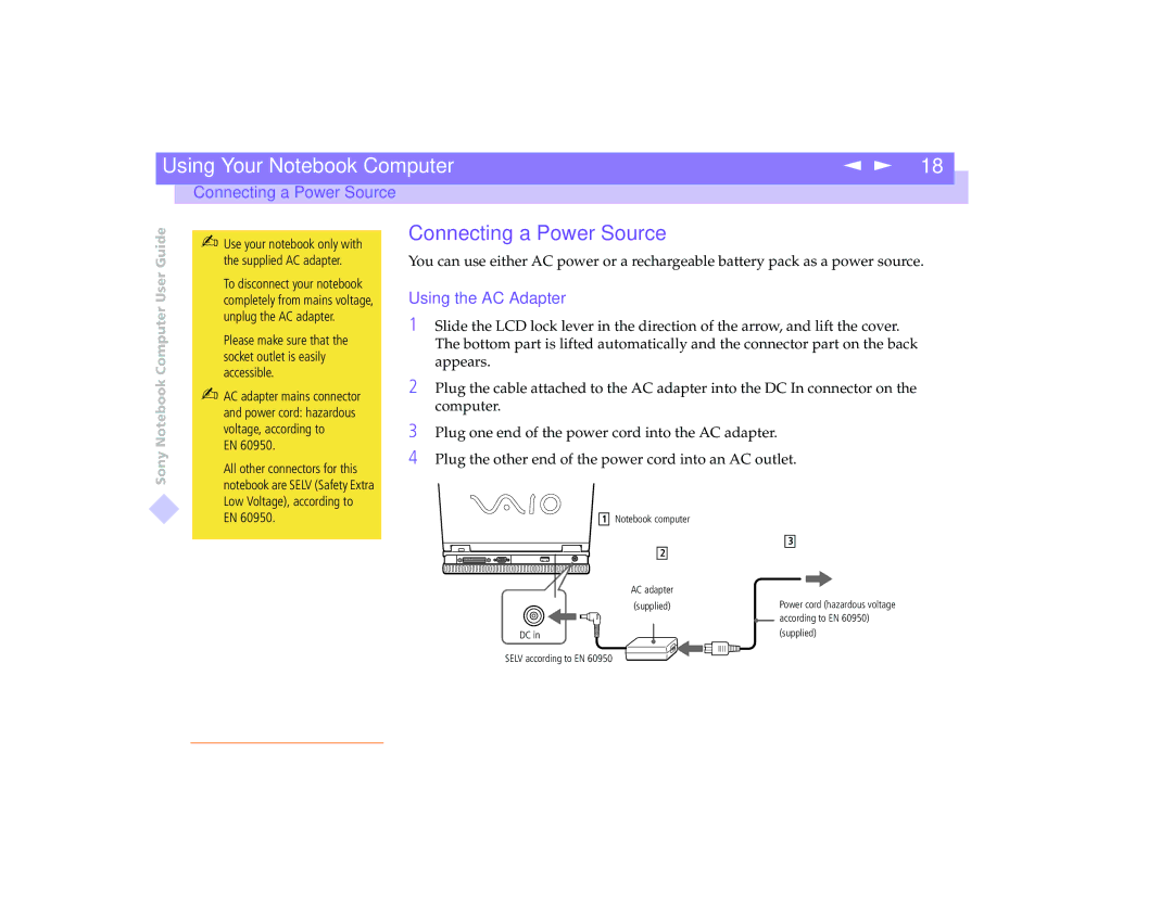 Sony PCG-8491 manual Connecting a Power Source, Using the AC Adapter 