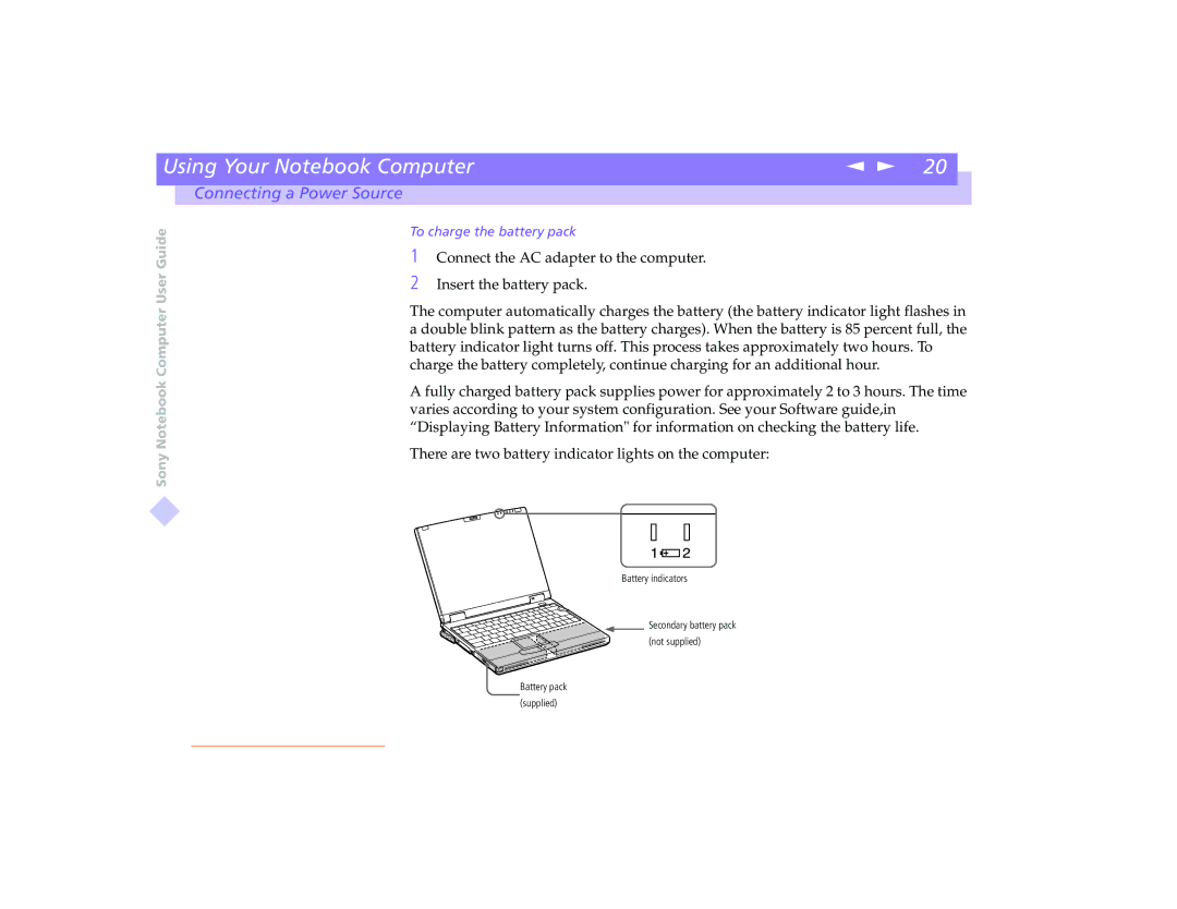 Sony PCG-8491 manual To charge the battery pack 