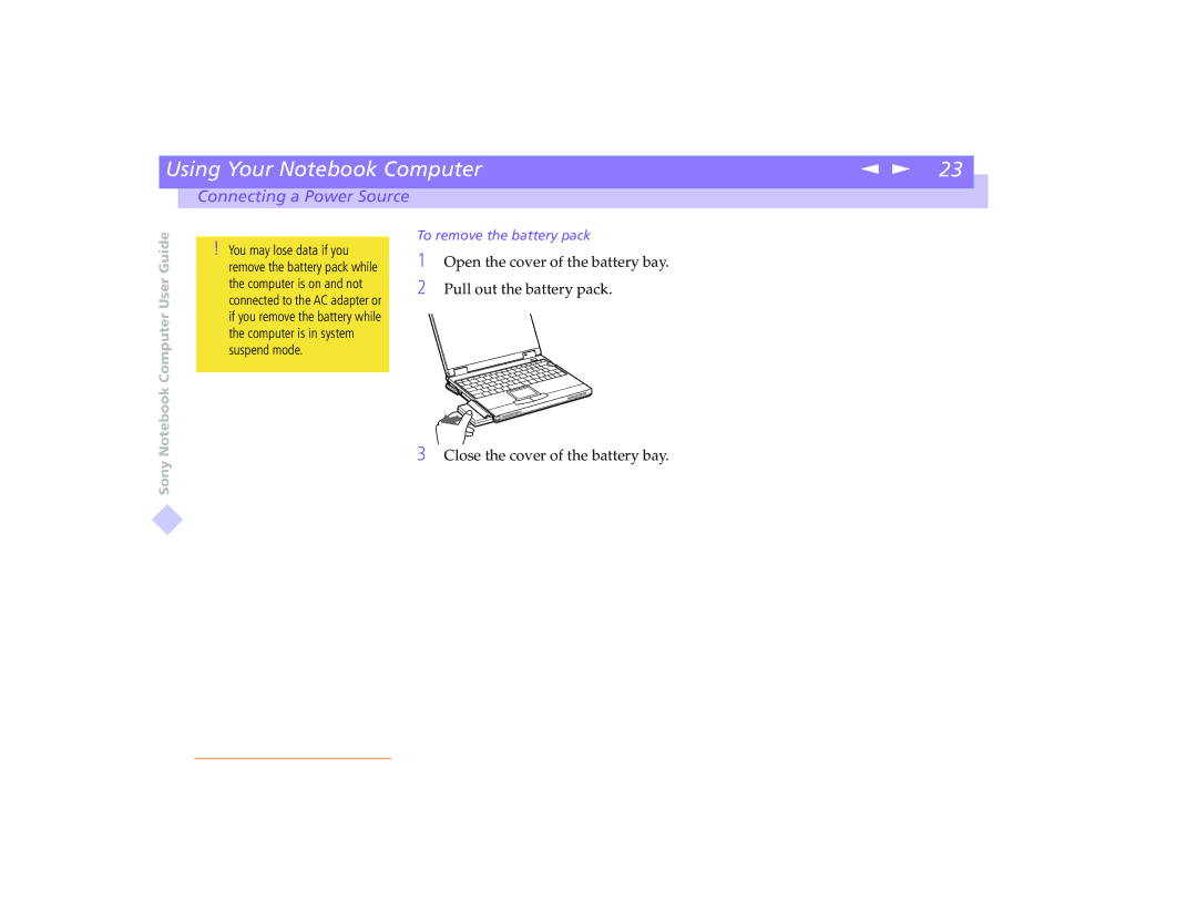 Sony PCG-8491 manual To remove the battery pack 