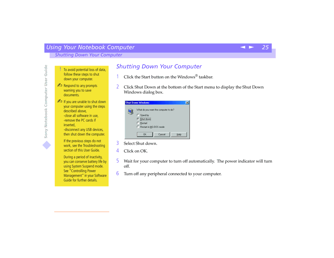 Sony PCG-8491 manual Shutting Down Your Computer 