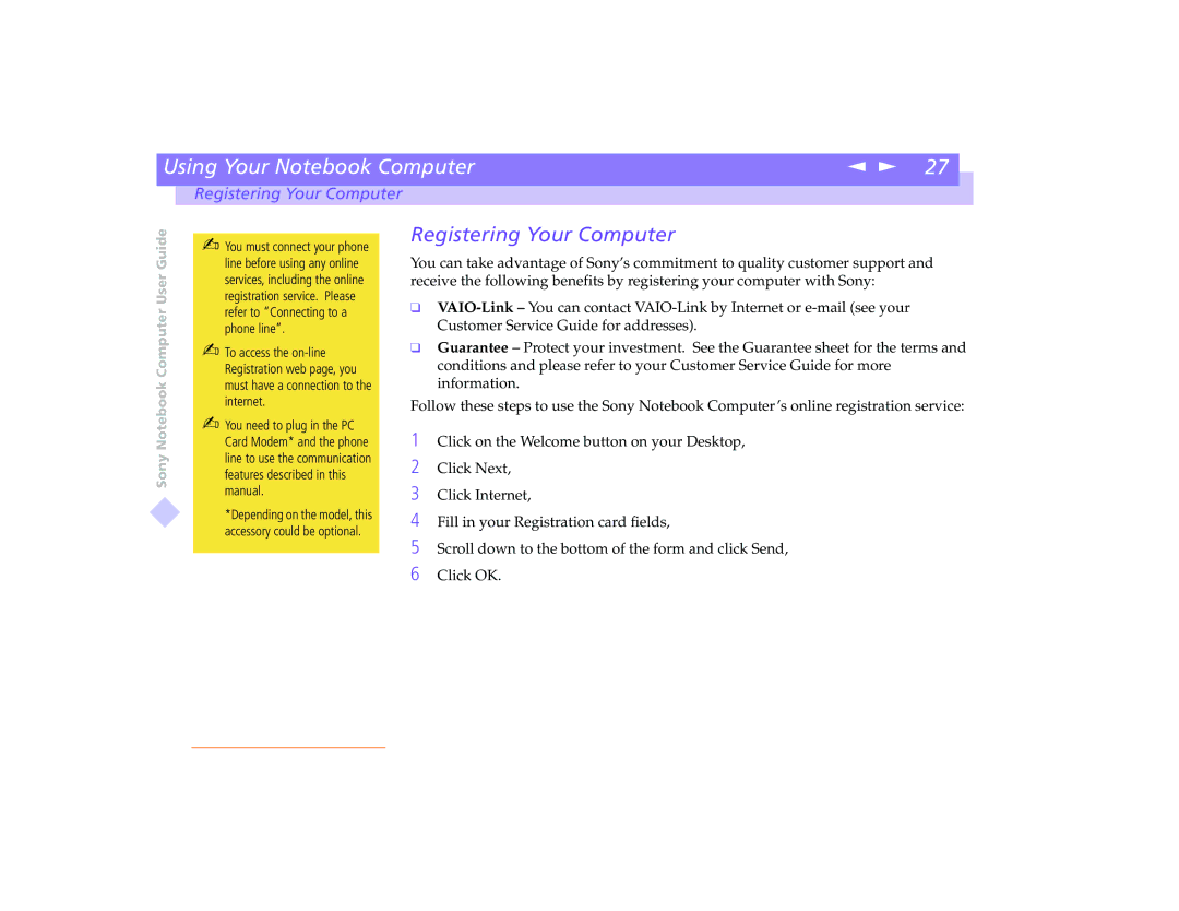 Sony PCG-8491 manual Registering Your Computer 