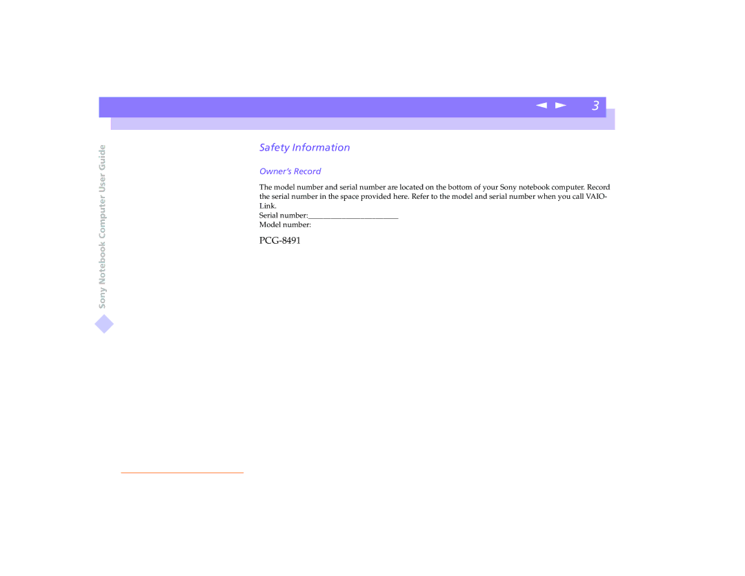 Sony PCG-8491 manual Safety Information, Owner’s Record 