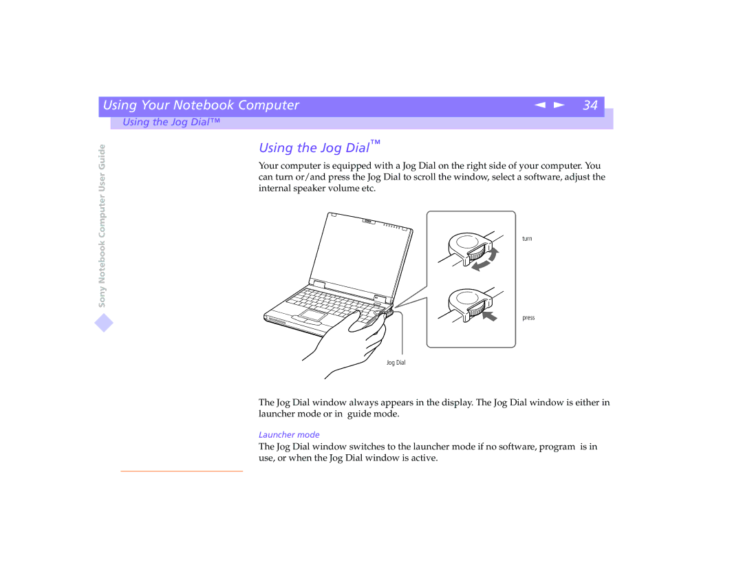 Sony PCG-8491 manual Using the Jog Dial 