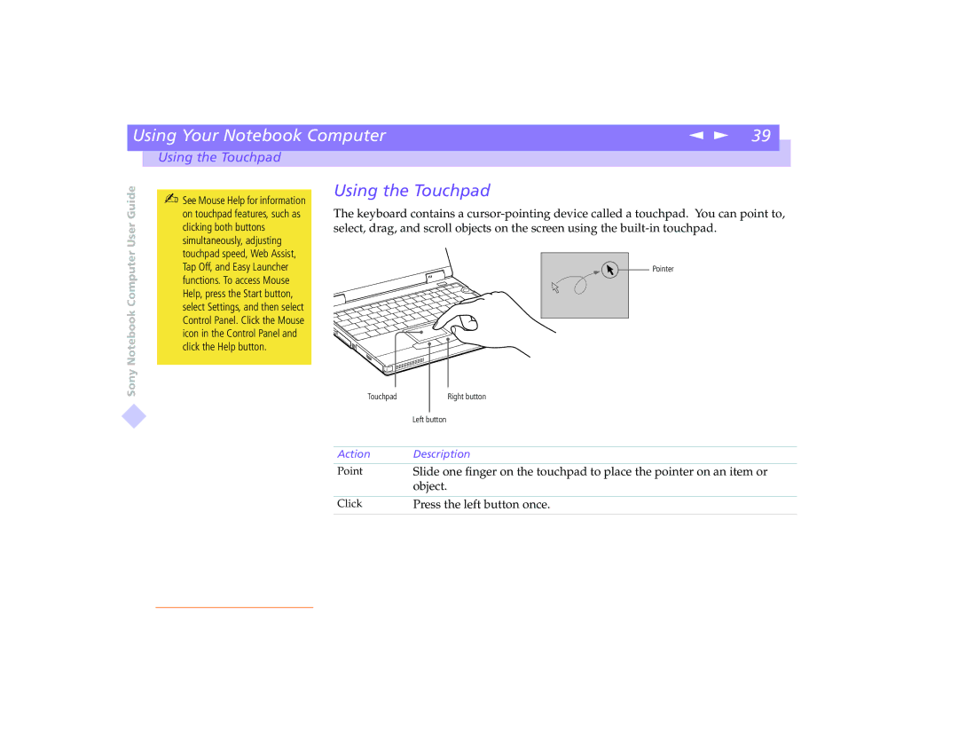 Sony PCG-8491 manual Using the Touchpad 