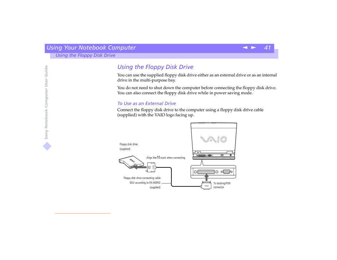 Sony PCG-8491 manual Using the Floppy Disk Drive, To Use as an External Drive 