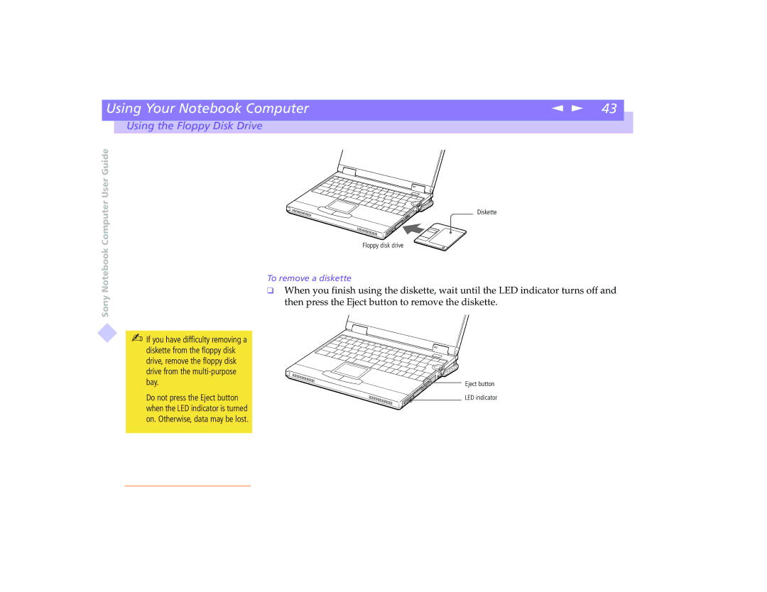 Sony PCG-8491 manual To remove a diskette 