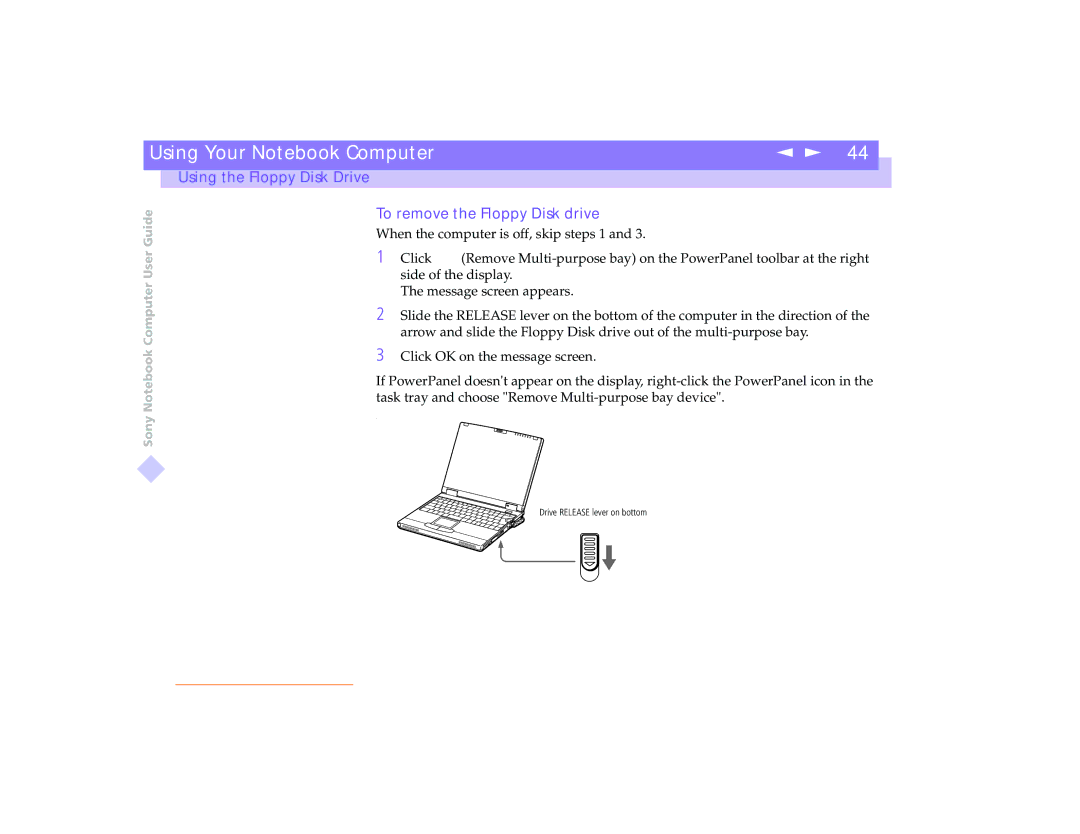 Sony PCG-8491 manual To remove the Floppy Disk drive 