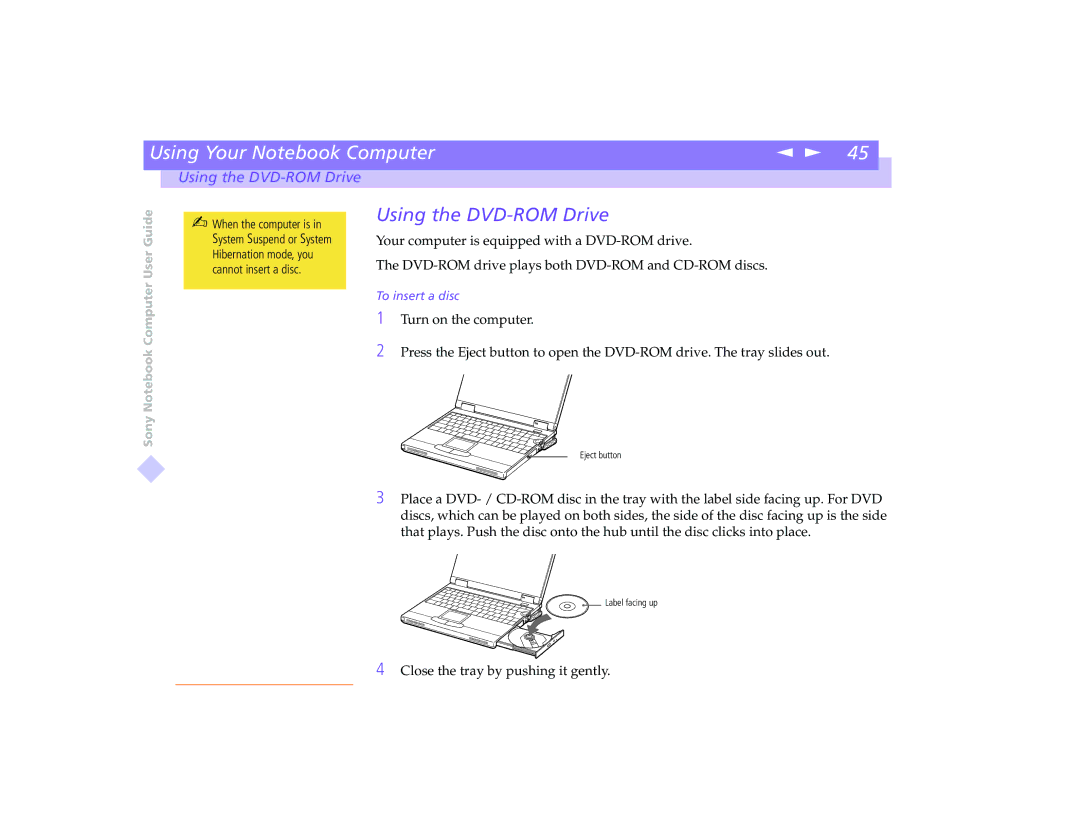 Sony PCG-8491 manual Using the DVD-ROM Drive 