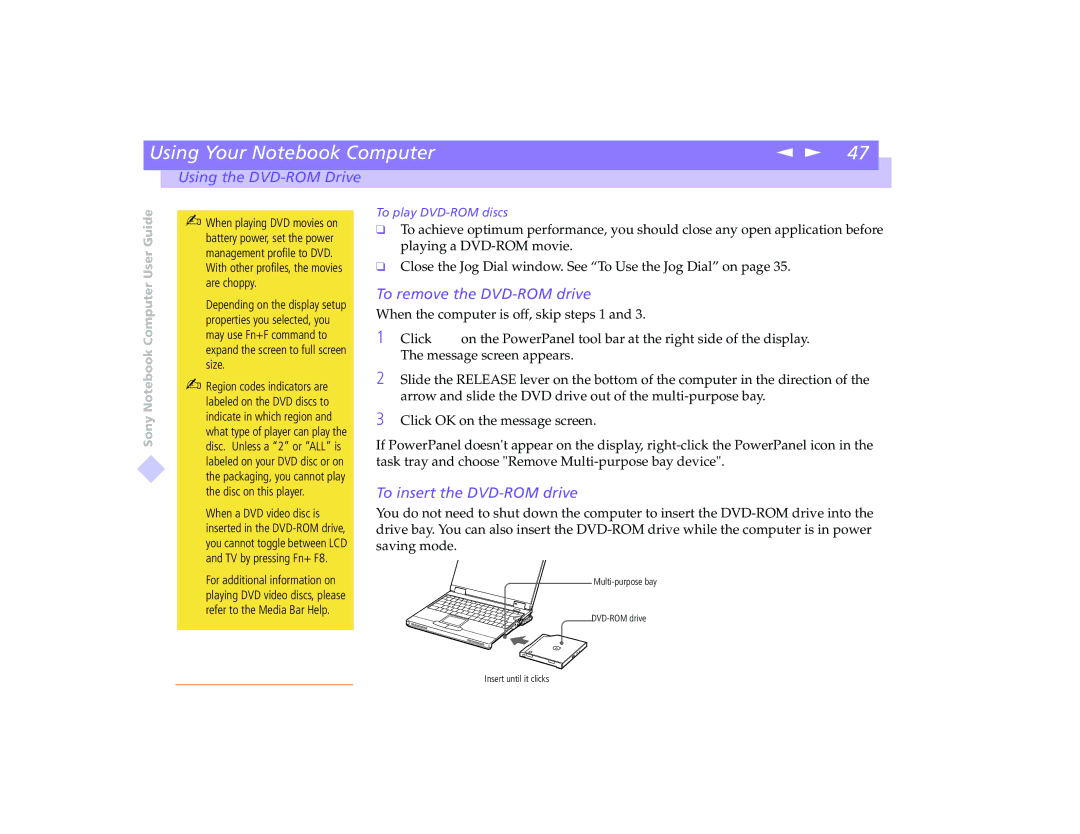 Sony PCG-8491 manual To remove the DVD-ROM drive, To insert the DVD-ROM drive 