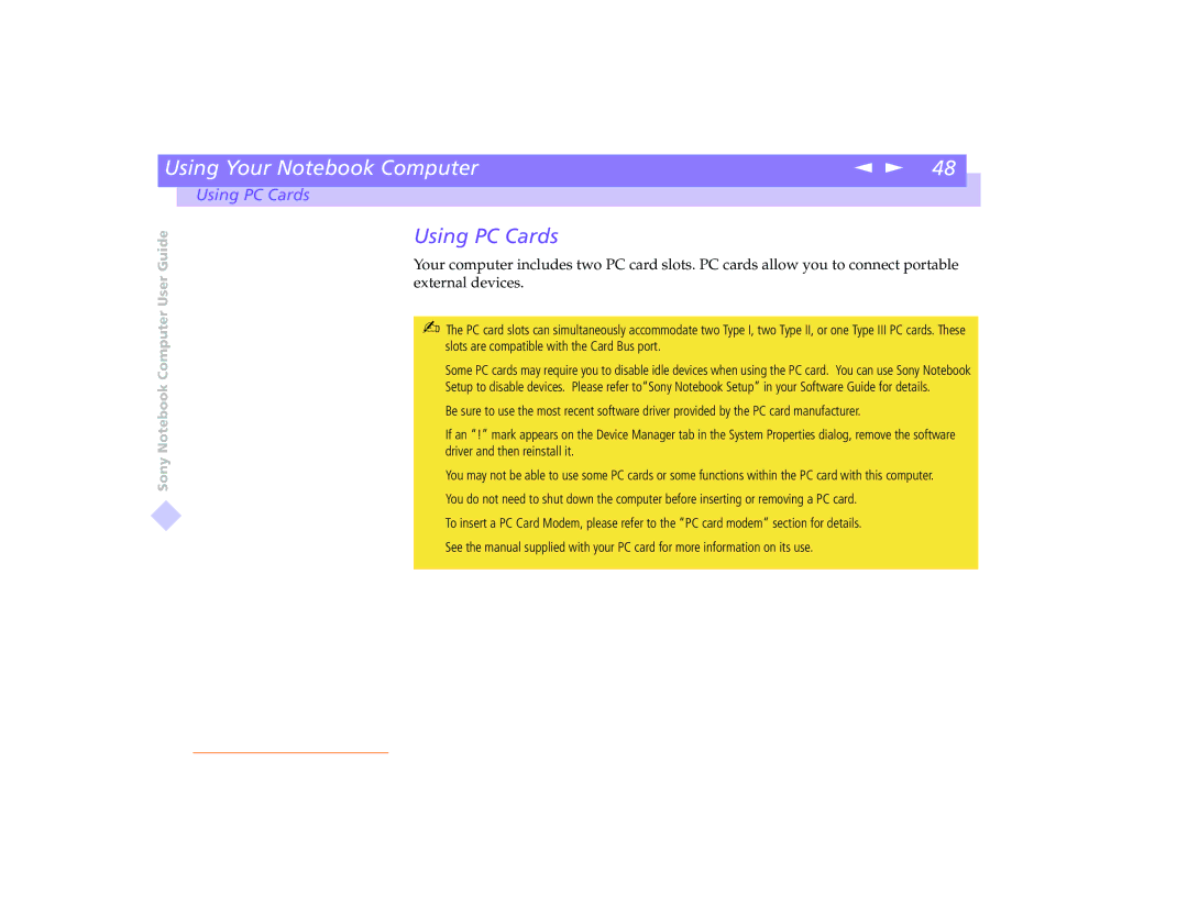 Sony PCG-8491 manual Using PC Cards 