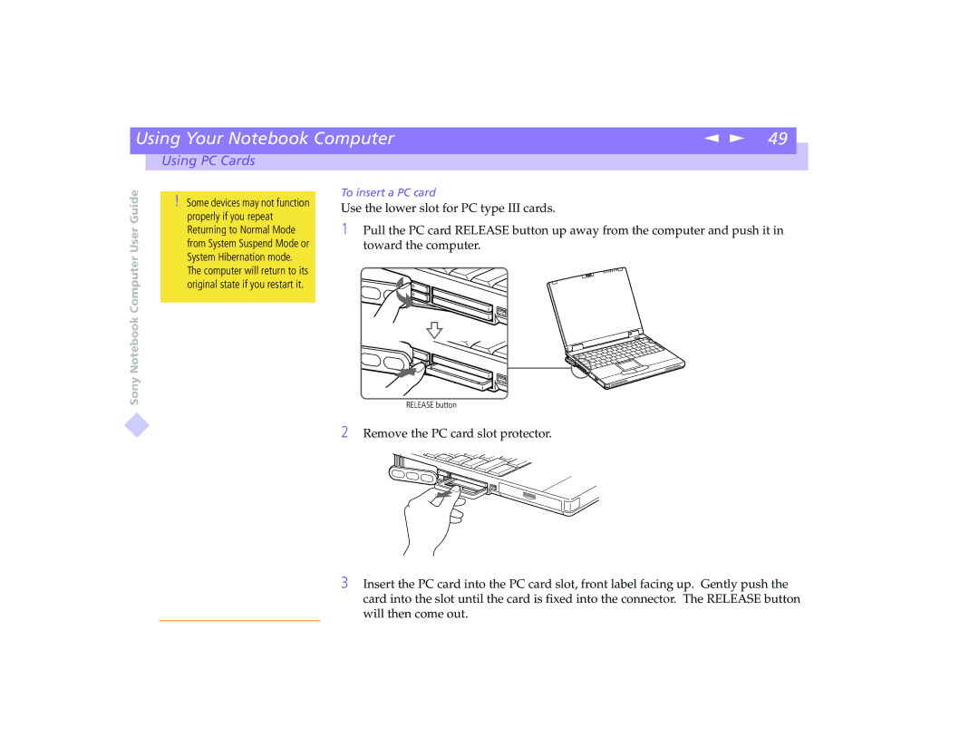 Sony PCG-8491 manual To insert a PC card 