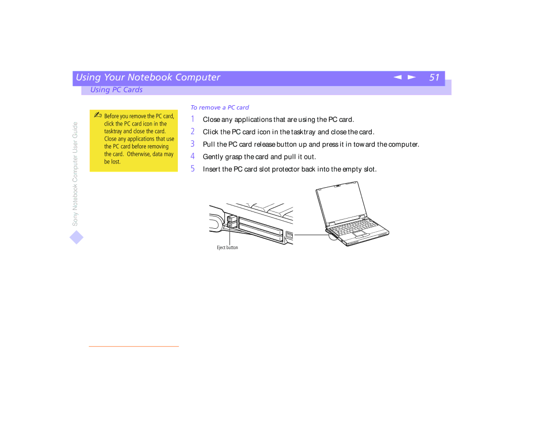 Sony PCG-8491 manual To remove a PC card 