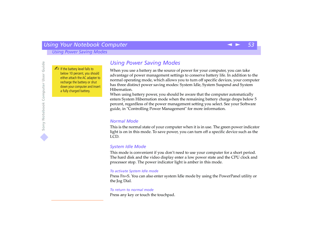 Sony PCG-8491 manual Using Power Saving Modes, Normal Mode, System Idle Mode 