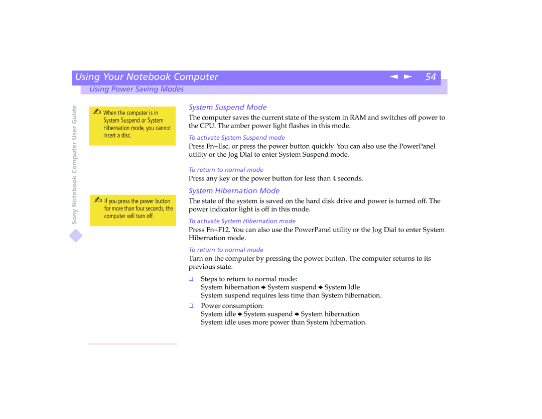 Sony PCG-8491 manual System Suspend Mode, System Hibernation Mode 