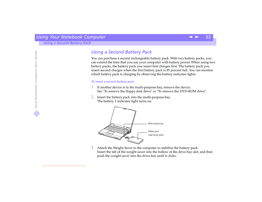 Sony PCG-8491 manual Using a Second Battery Pack 