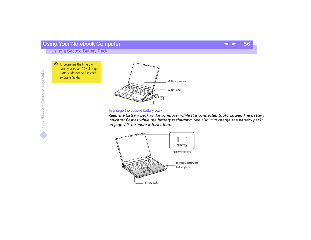 Sony PCG-8491 manual To charge the second battery pack 