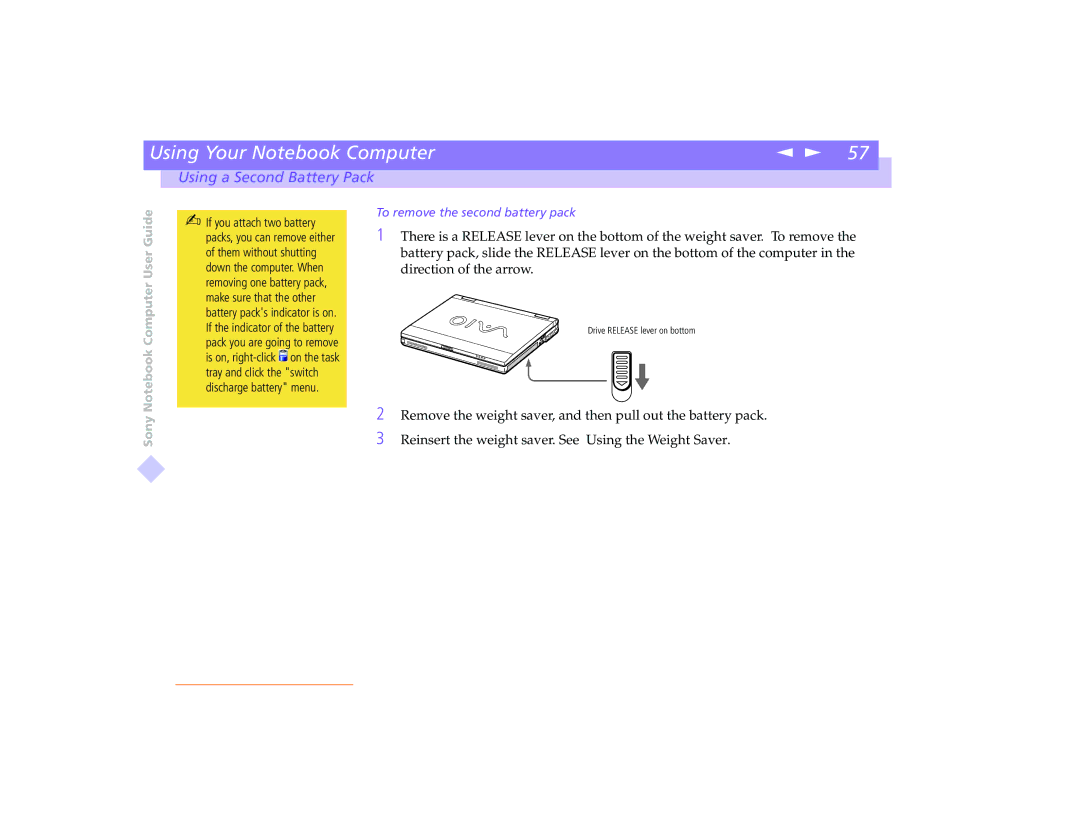 Sony PCG-8491 manual To remove the second battery pack 