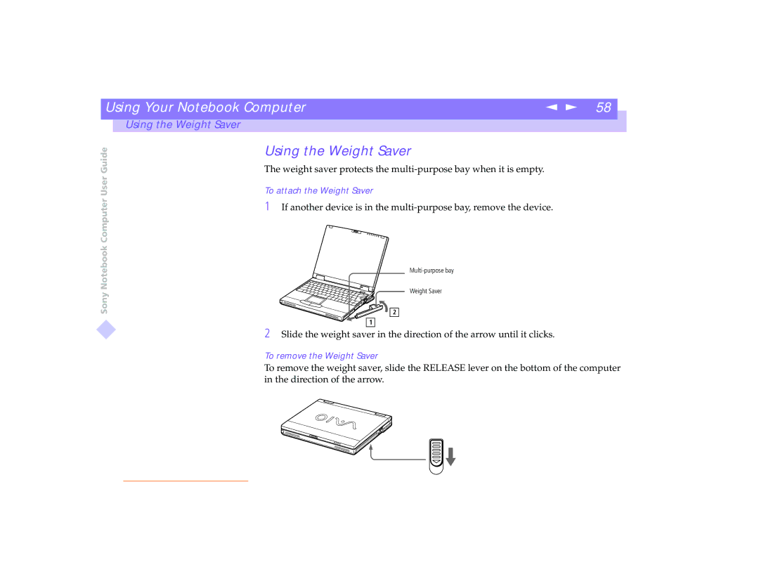 Sony PCG-8491 manual Using the Weight Saver 