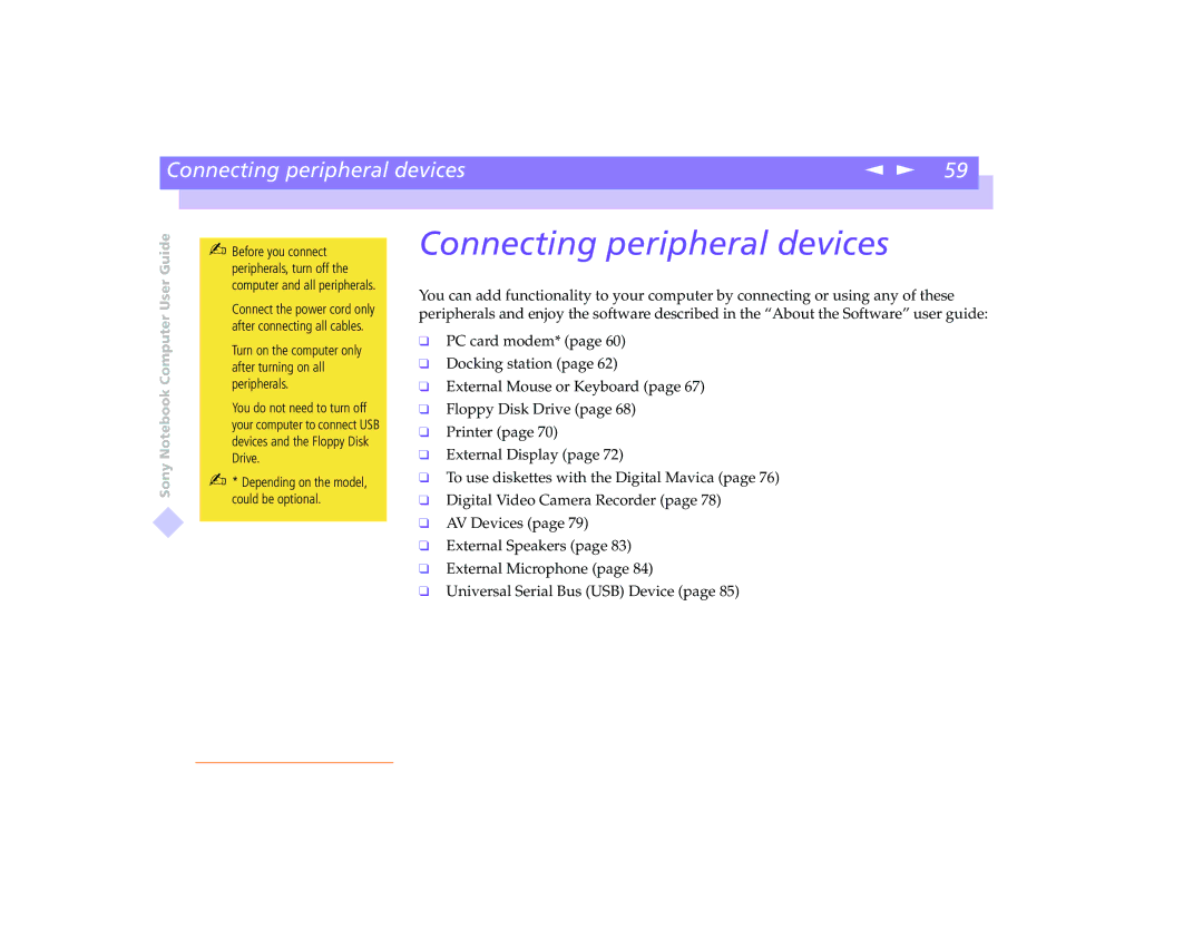 Sony PCG-8491 manual Connecting peripheral devices 