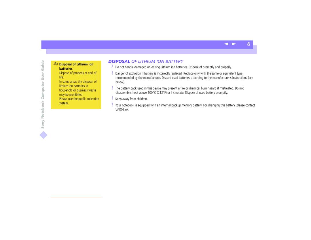 Sony PCG-8491 manual Disposal of Lithium ION Battery 