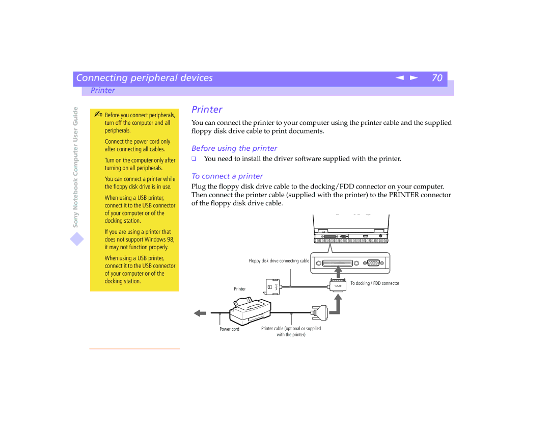 Sony PCG-8491 manual Printer, Before using the printer, To connect a printer 