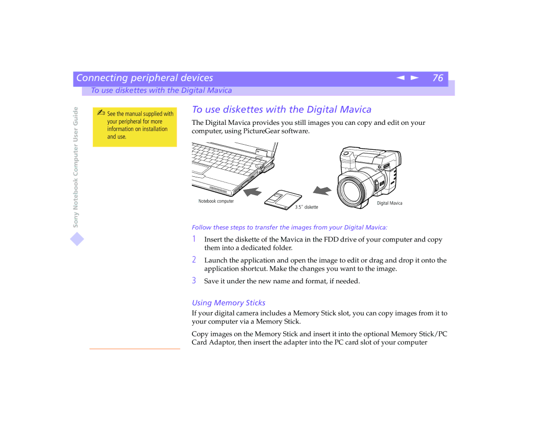 Sony PCG-8491 manual To use diskettes with the Digital Mavica, Using Memory Sticks 