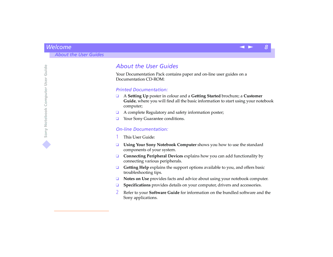 Sony PCG-8491 manual About the User Guides, Printed Documentation, On-line Documentation 