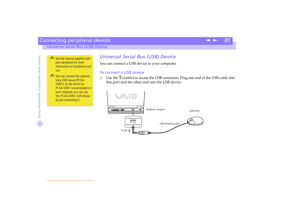 Sony PCG-8491 manual Universal Serial Bus USB Device, To connect a USB device 